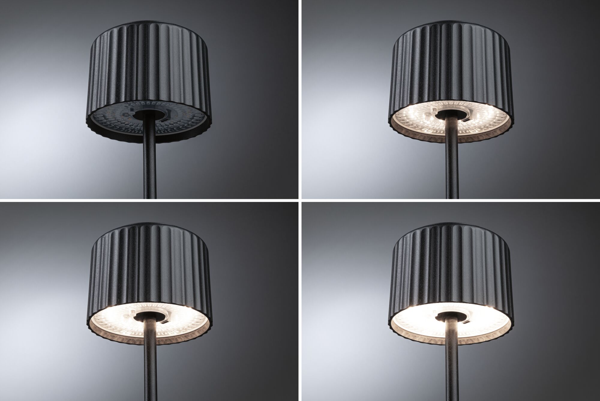 Four views of a black LED floor lamp with ribbed shade and warm white light for living spaces