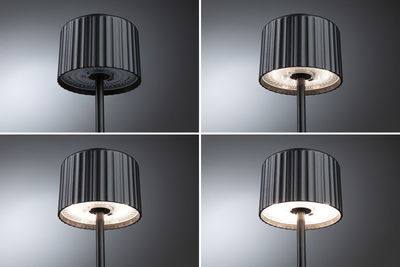 Four views of a black LED floor lamp with ribbed shade and warm white light for living spaces