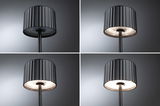 Quatre vues d'une lampe sur pied LED noire avec abat-jour cannelé et lumière blanc chaud pour intérieur