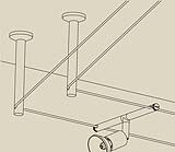 Technical drawing of ceiling mount with two rods and adjustable grey metal spotlight