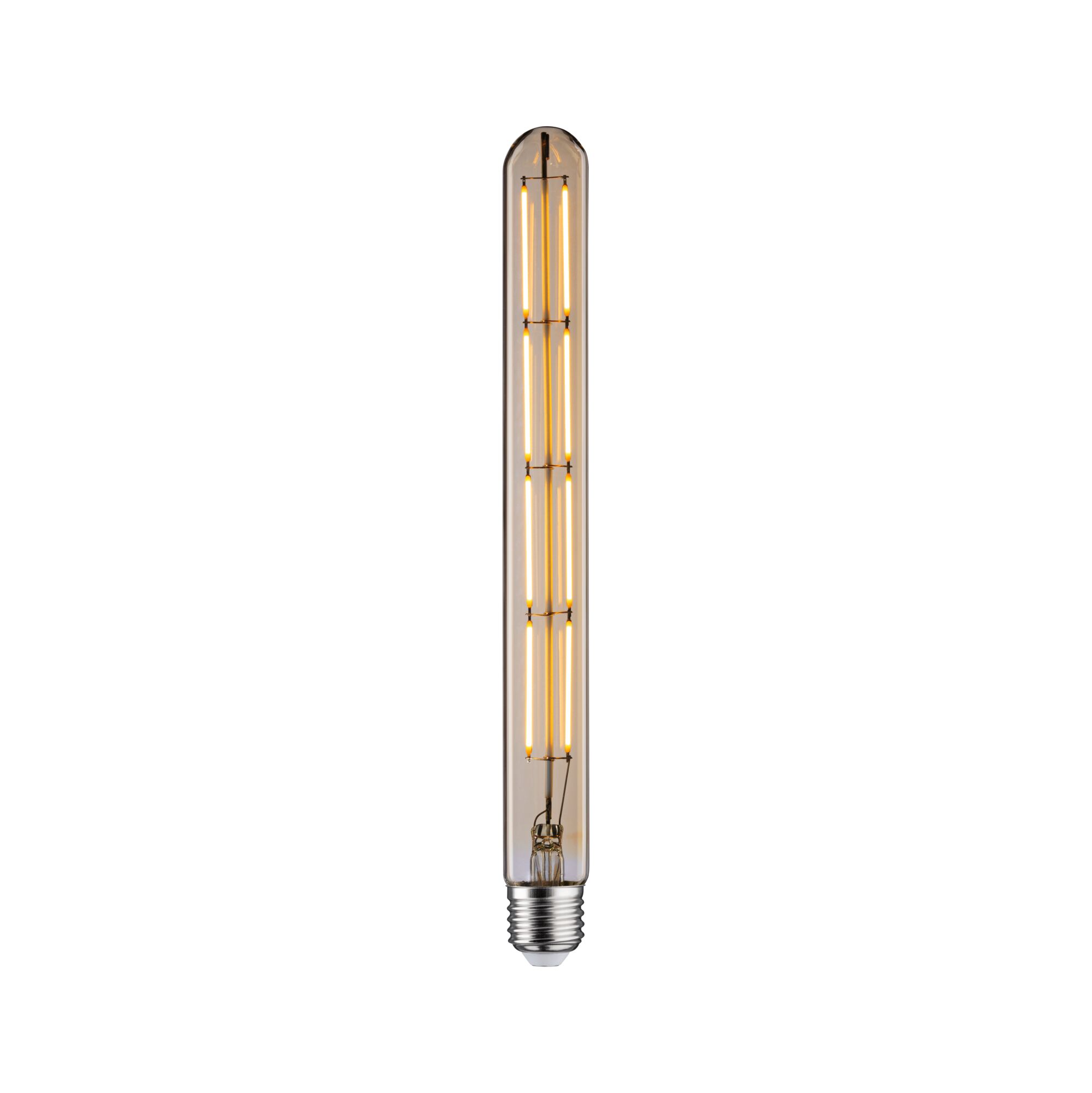 Long amber LED filament bulb with E27 base for decorative lighting and energy-efficient illumination.