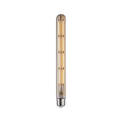 Lange LED-Filamentlampe in Bernstein mit E27-Sockel für dekorative Beleuchtung und energiesparende Lichtlösung.