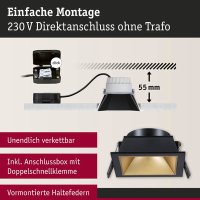 Schwarzer Einbaustrahler mit goldfarbener Innenseite, 55 mm Einbautiefe, einfache Montage ohne Trafo