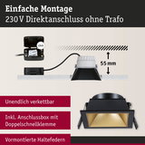 Schwarzer Einbaustrahler mit goldfarbener Innenseite, 55 mm Einbautiefe, einfache Montage ohne Trafo