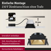 Schwarzer Einbaustrahler mit goldfarbener Reflektorfläche und Anschlussbox für 230 V Direktanschluss
