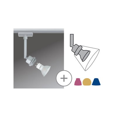 Zilveren LED-spot met GU10-lamp en verwisselbare gekleurde kapjes voor railsysteem.