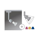 Silberner LED-Strahler mit GU10-Lampe und austauschbaren farbigen Lampenschirmen für Schienensystem.