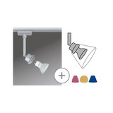 Silver LED spotlight with GU10 bulb and interchangeable colored shades for track lighting system.