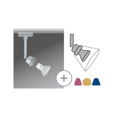 Silver LED spotlight with GU10 bulb and interchangeable colored shades for track lighting system.