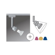 Silver metal LED spotlight with GU10 socket and interchangeable lampshade in multiple colours