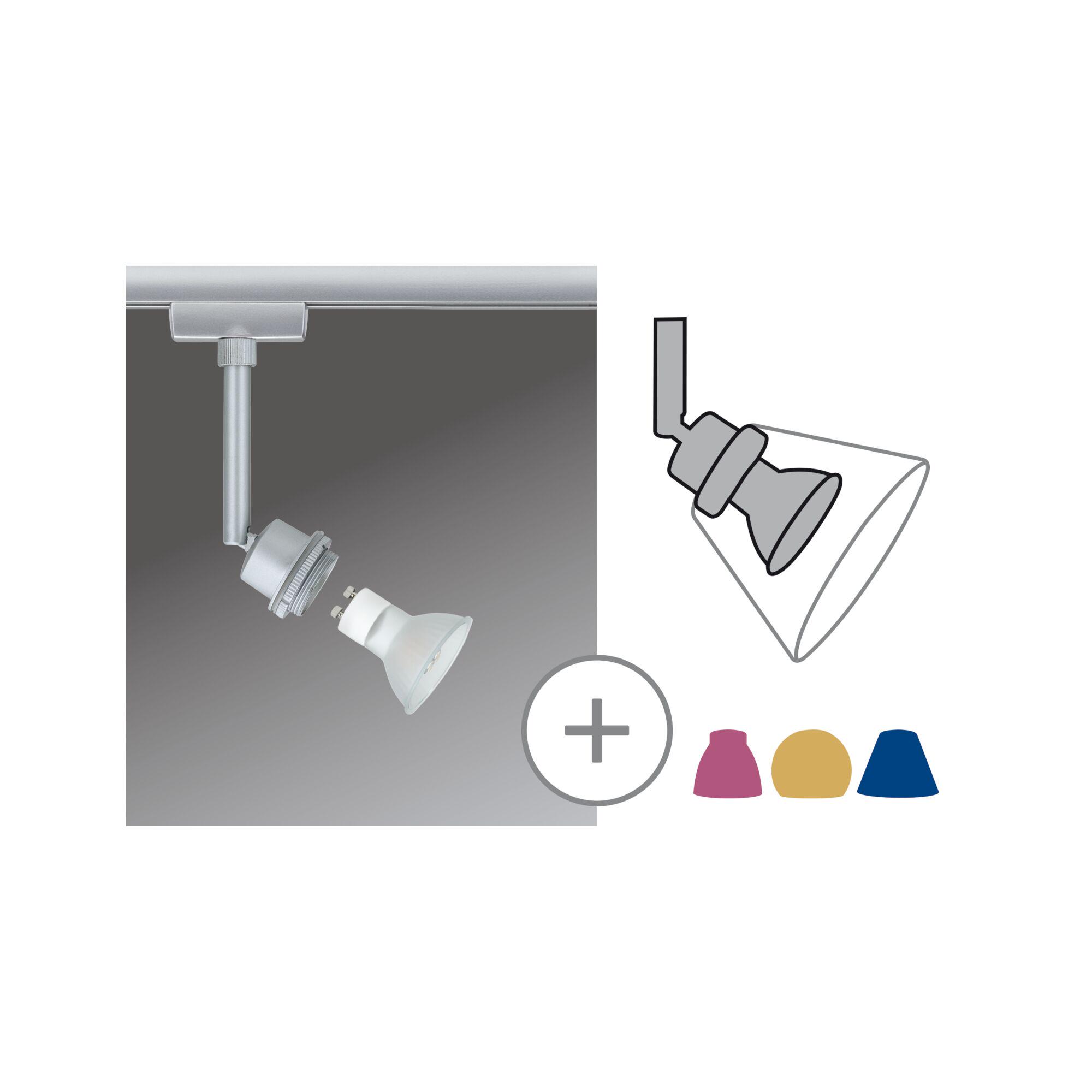 URail Reflektor torowy DecoSystems Basic Pojedynczy spot GZ10 250lm 3,5W 2700K ściemnialny 230V Chrom matowy Srebrny reflektor LED z metalu z gniazdem GU10 i wymiennym kloszem w różnych kolorach