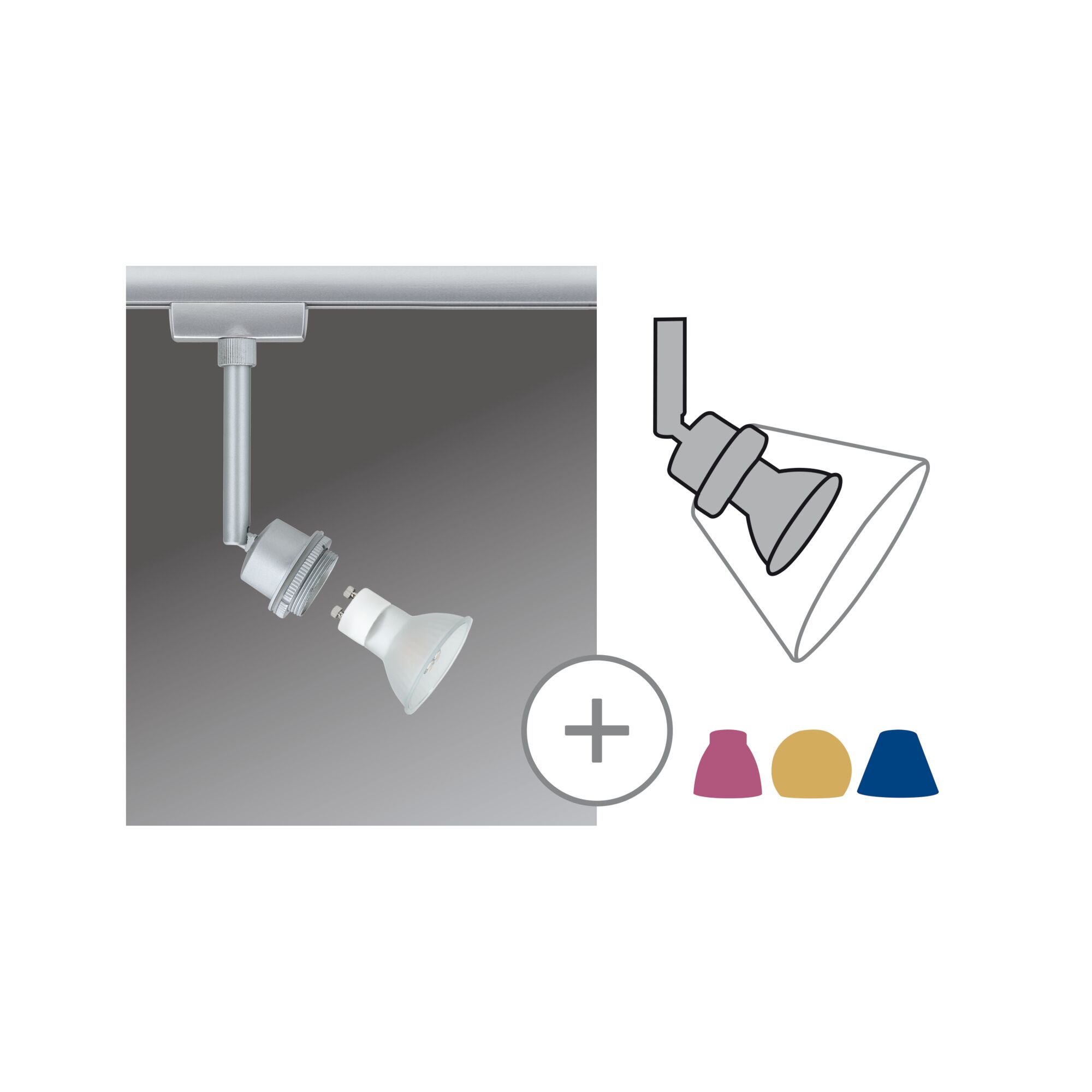 URail Rail spot DecoSystems Basic Individual Spot GZ10 250lm 3,5W 2700K dimmable 230V Chrome matt Silver metal LED spotlight with GU10 socket and interchangeable lampshade in multiple colours