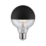 Light bulb with black half dome glass and visible LED filament for decorative lighting use