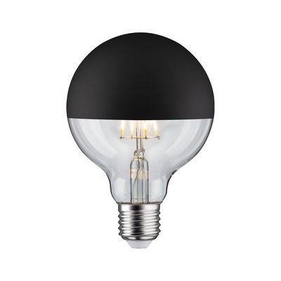 Light bulb with black half dome glass and visible LED filament for decorative lighting use