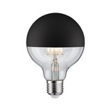 Light bulb with black half dome glass and visible LED filament for decorative lighting use
