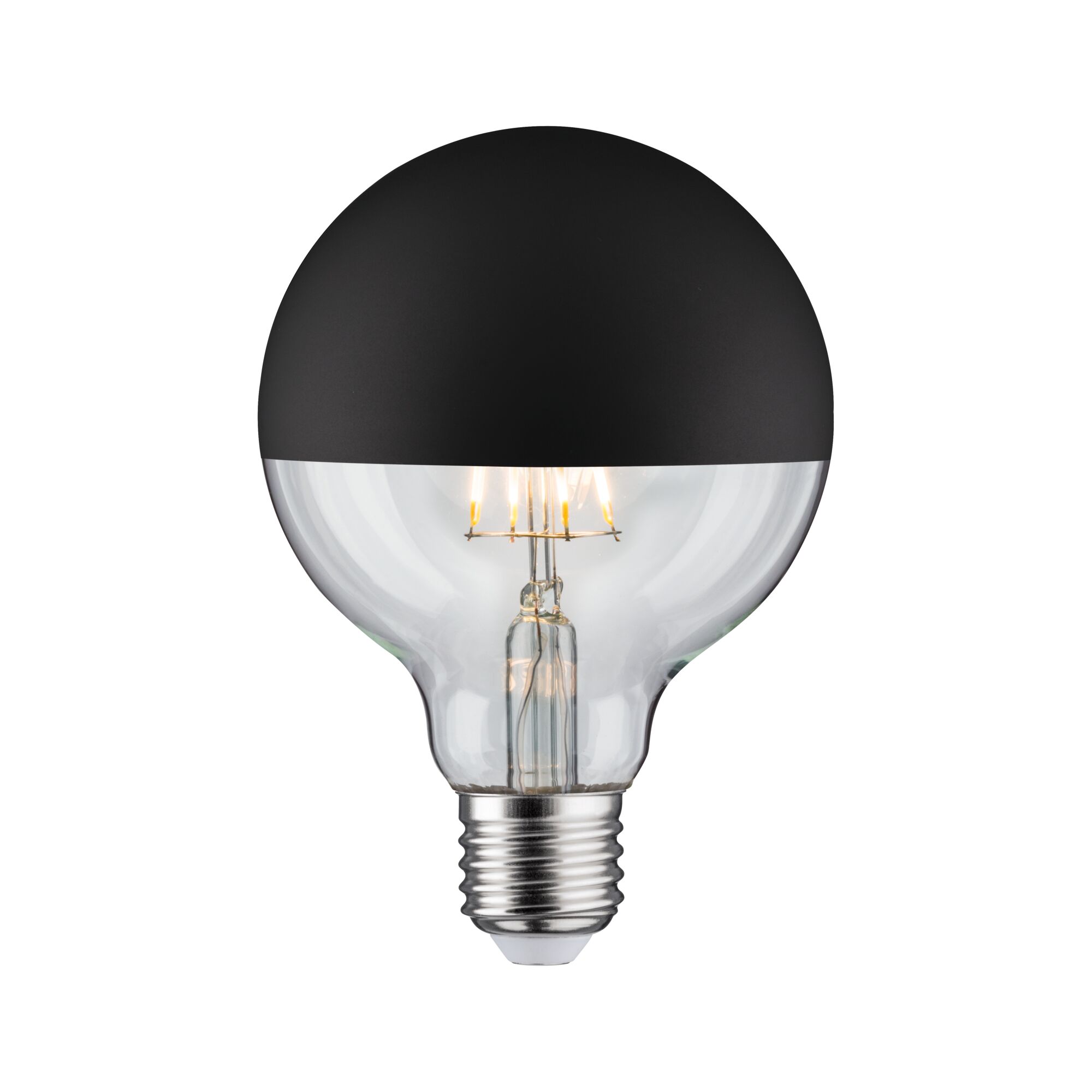 Modern Classic Edition Standardní 230V LED Globe Zrcadlo s paticí E27 G95 600lm 6,5W 2700K stmívatelný Zrcadlová Černá matná Glühbirne mit schwarzer Halbkuppel aus Glas und sichtbarem LED-Filament für dekorative Beleuchtung
