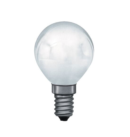 Small round light bulb with frosted glass and metal base, energy-saving LED lighting.