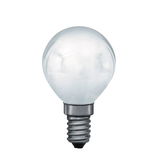Small round light bulb with frosted glass and metal base, energy-saving LED lighting.