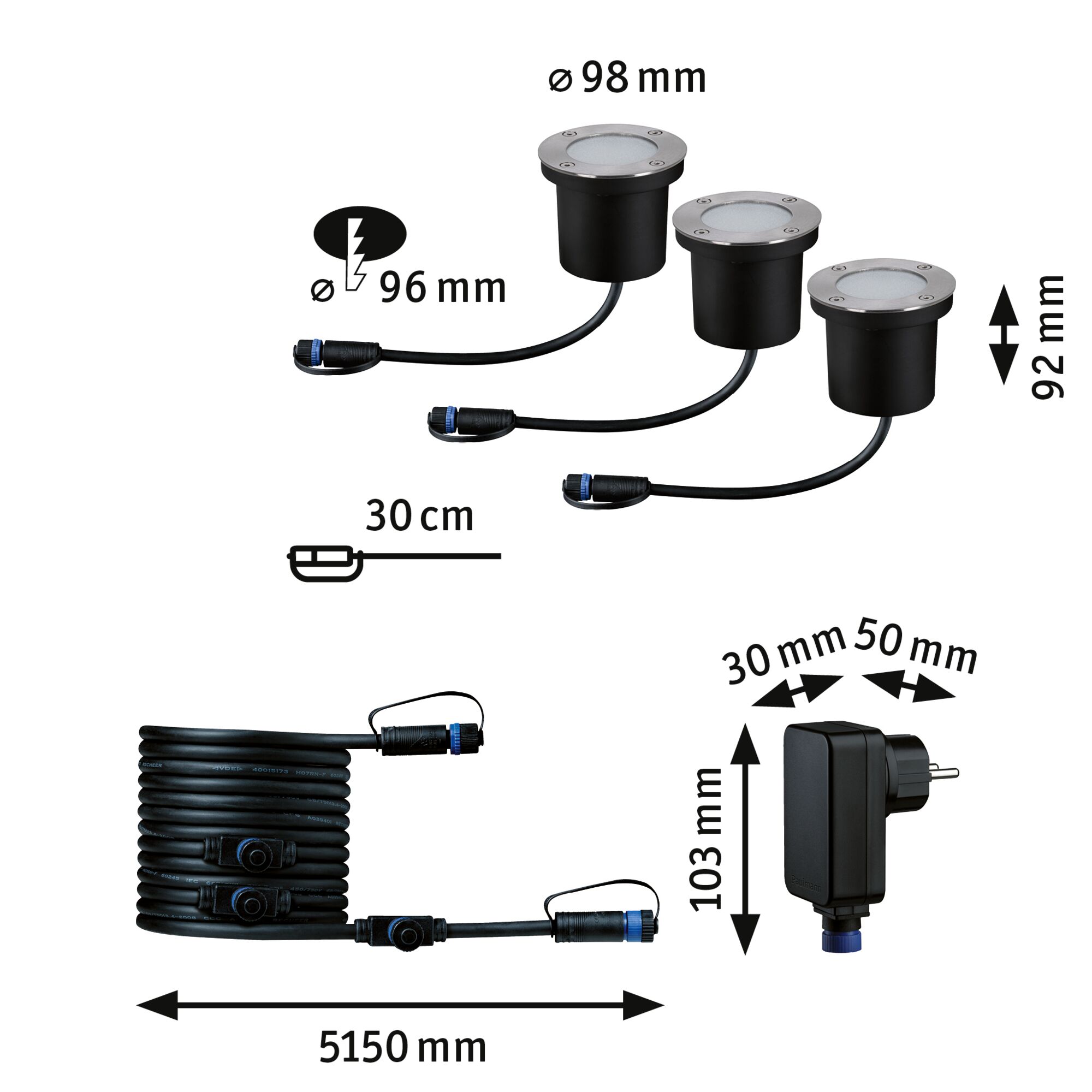 Sort LED-indbygningslys sæt med rustfri stålkant, kabel og strømforsyning, mål og tilslutningsdetaljer.