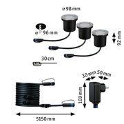 Black LED recessed light set with stainless steel rim, cable and power supply, dimensions and connection details.