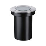 Round black plastic recessed floor light with brushed stainless steel ring for outdoor lighting