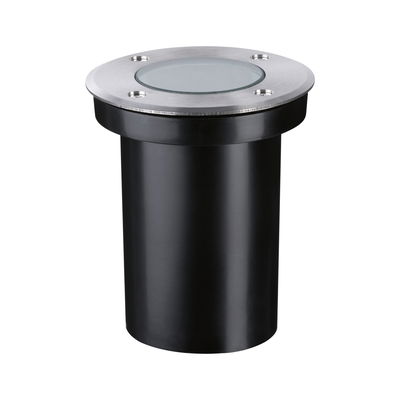 Round black plastic recessed floor light with brushed stainless steel ring for outdoor lighting