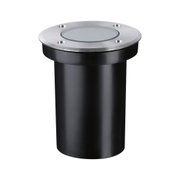 Round black metal floor recessed light with brushed stainless steel ring and glass cover