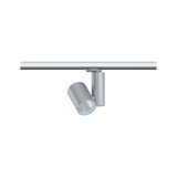 Moderner silberner LED-Spot aus Metall an Schienensystem für flexible Raumbeleuchtung