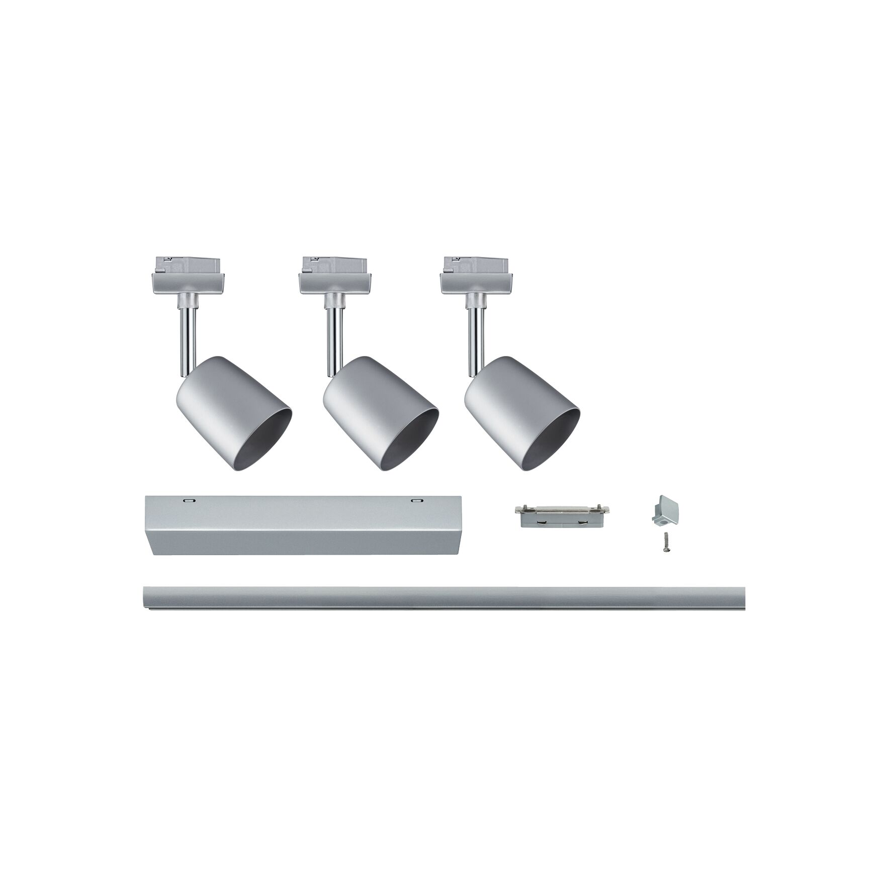 Three silver metal LED spotlights with accessories for track lighting system.