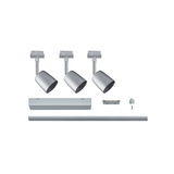 Three silver metal LED spotlights with accessories for track lighting system.