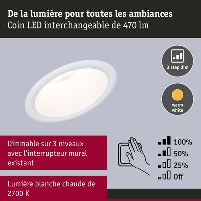 Spot LED encastré blanc avec lumière blanc chaud et gradation en 3 niveaux pour intérieur