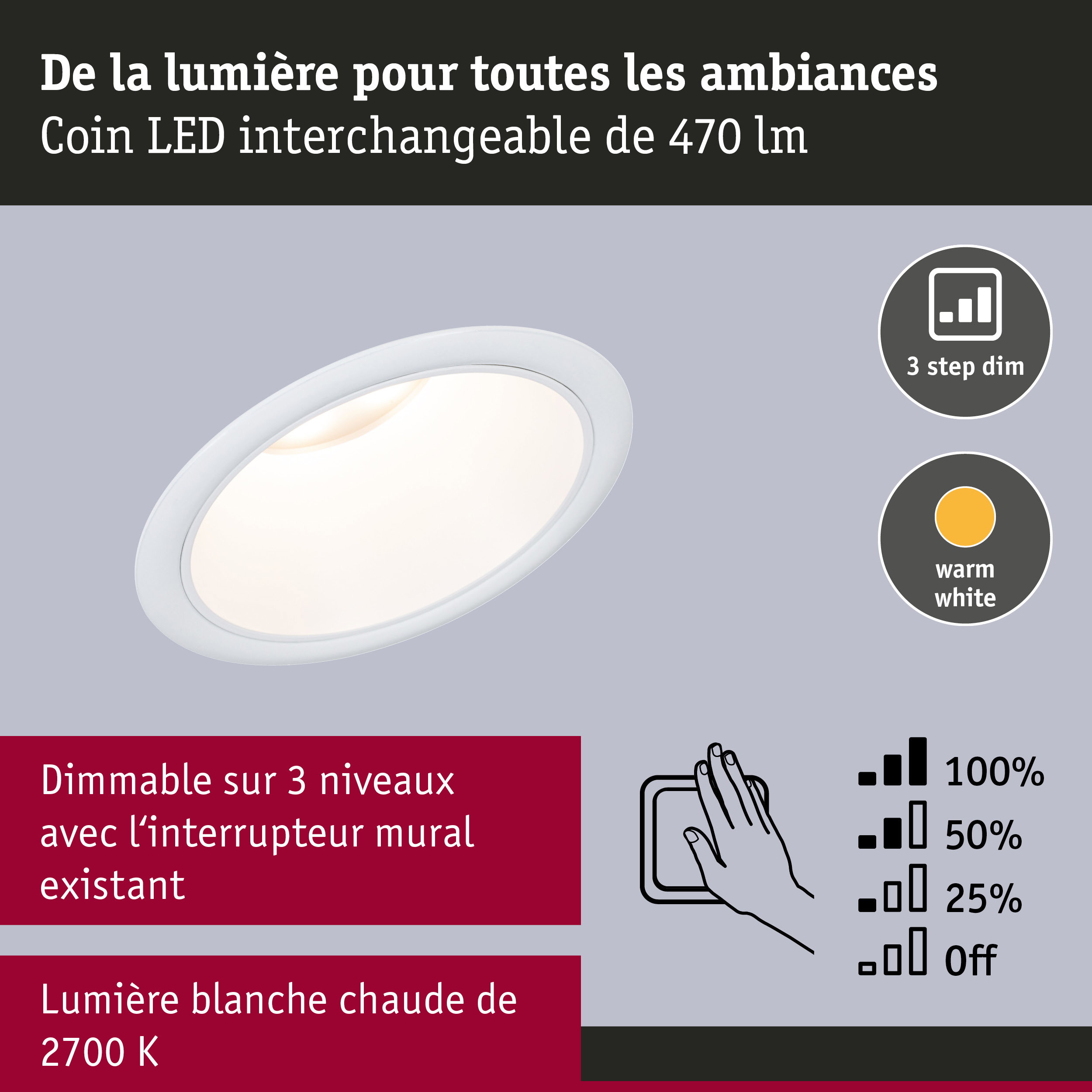 Spot LED encastré blanc 470 lm, dimmable sur 3 niveaux, lumière blanc chaud 2700K