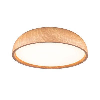 Runde Deckenleuchte aus Holz in Naturfarbe mit weißem Diffusor für warmes LED-Licht