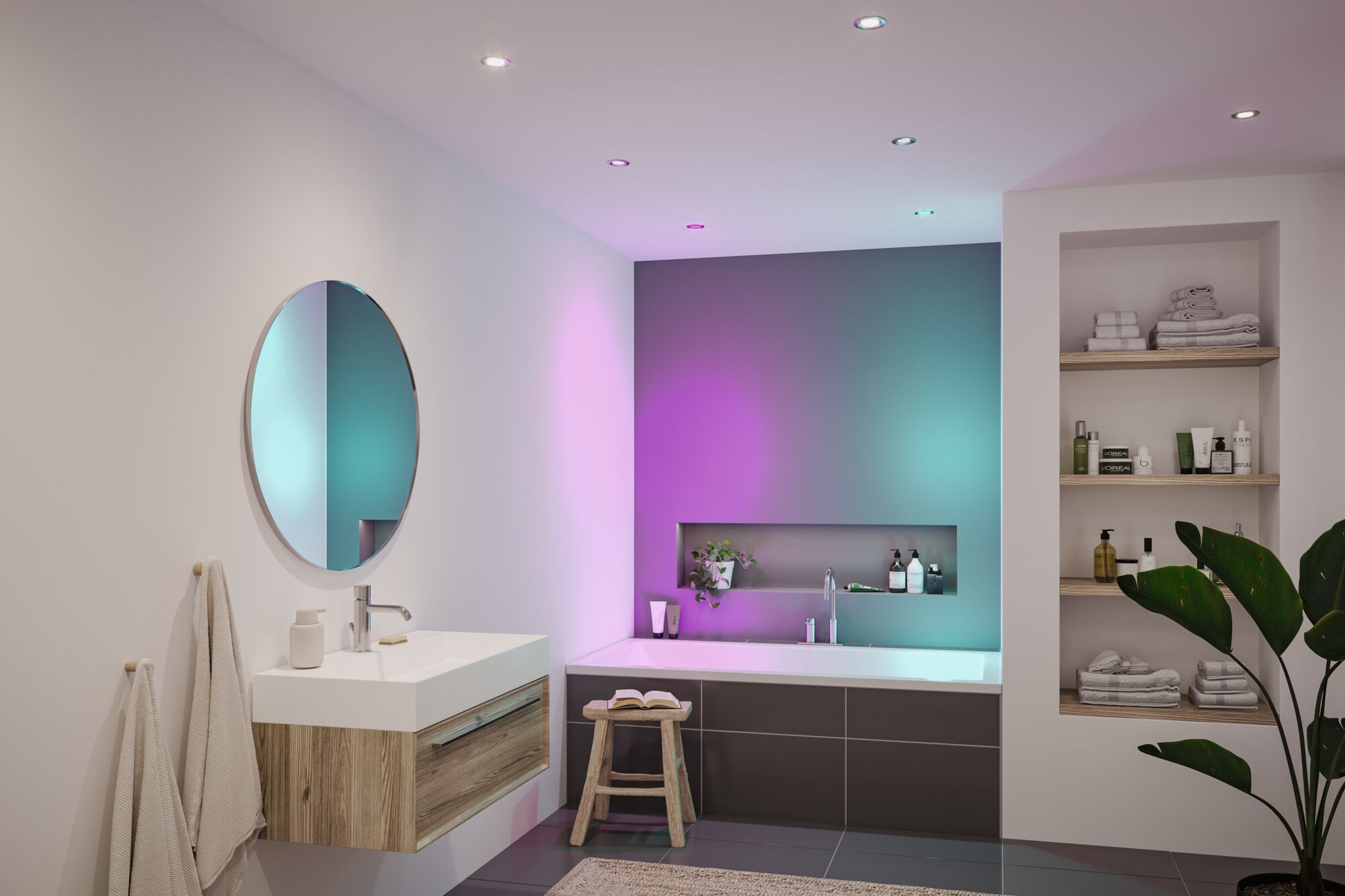 Moderne badkamer met ingebouwde LED-plafondlampen in kleurrijk licht en houten wastafel.