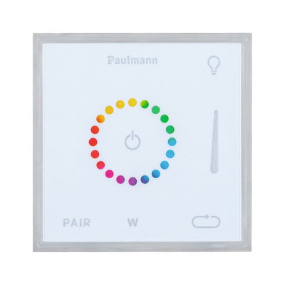 Hvid Paulmann LED-vægpanel med farverig touch-ring til lysstyring og dæmpningsfunktion