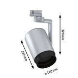 Modern silver metal LED spotlight with black trim, dimensions 320x222x140 mm, indoor lighting