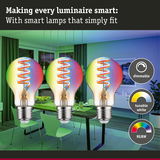 Three dimmable RGBW LED bulbs with tunable white light in a modern dining room setting