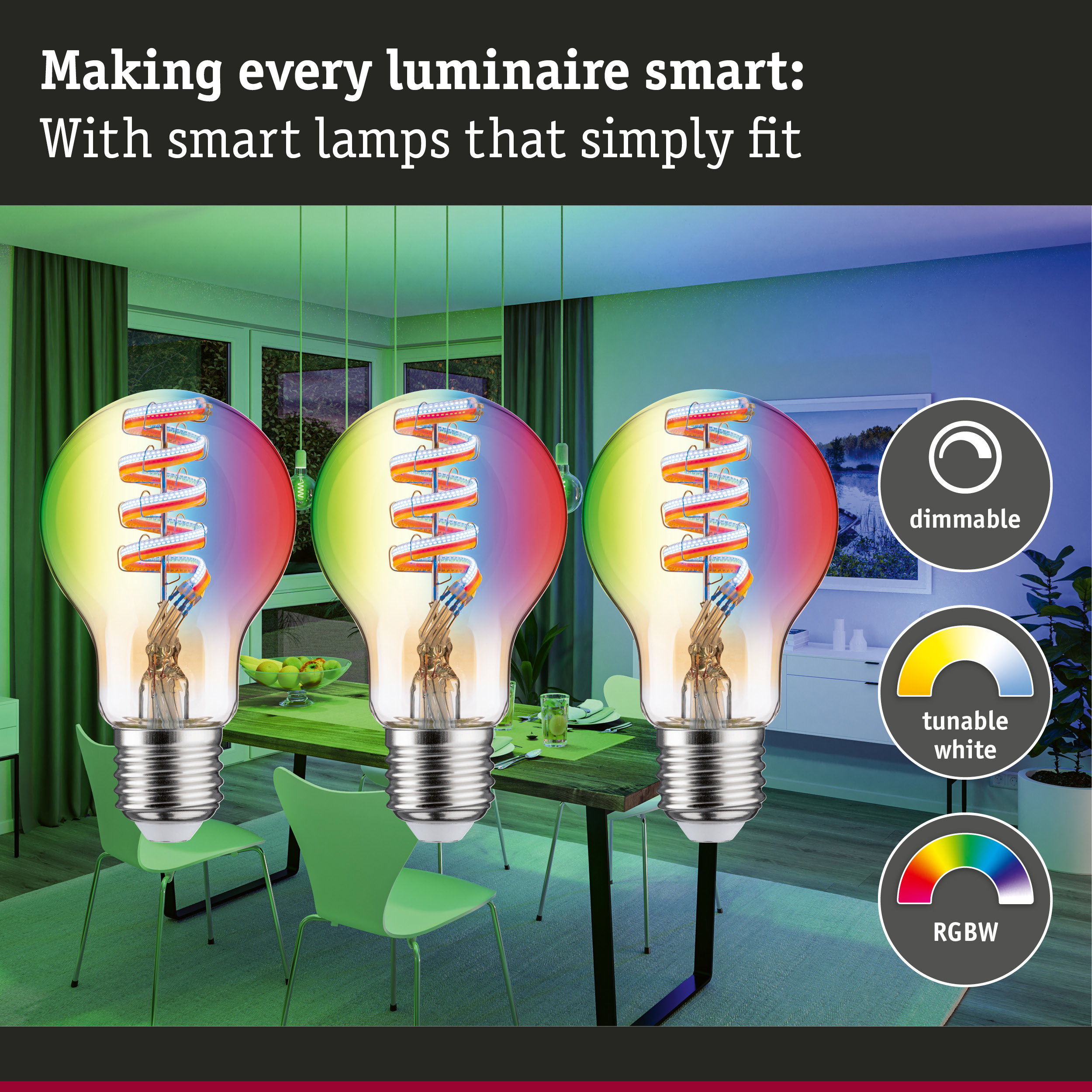 Three dimmable RGBW LED bulbs with tunable white feature in modern living room setting with green light
