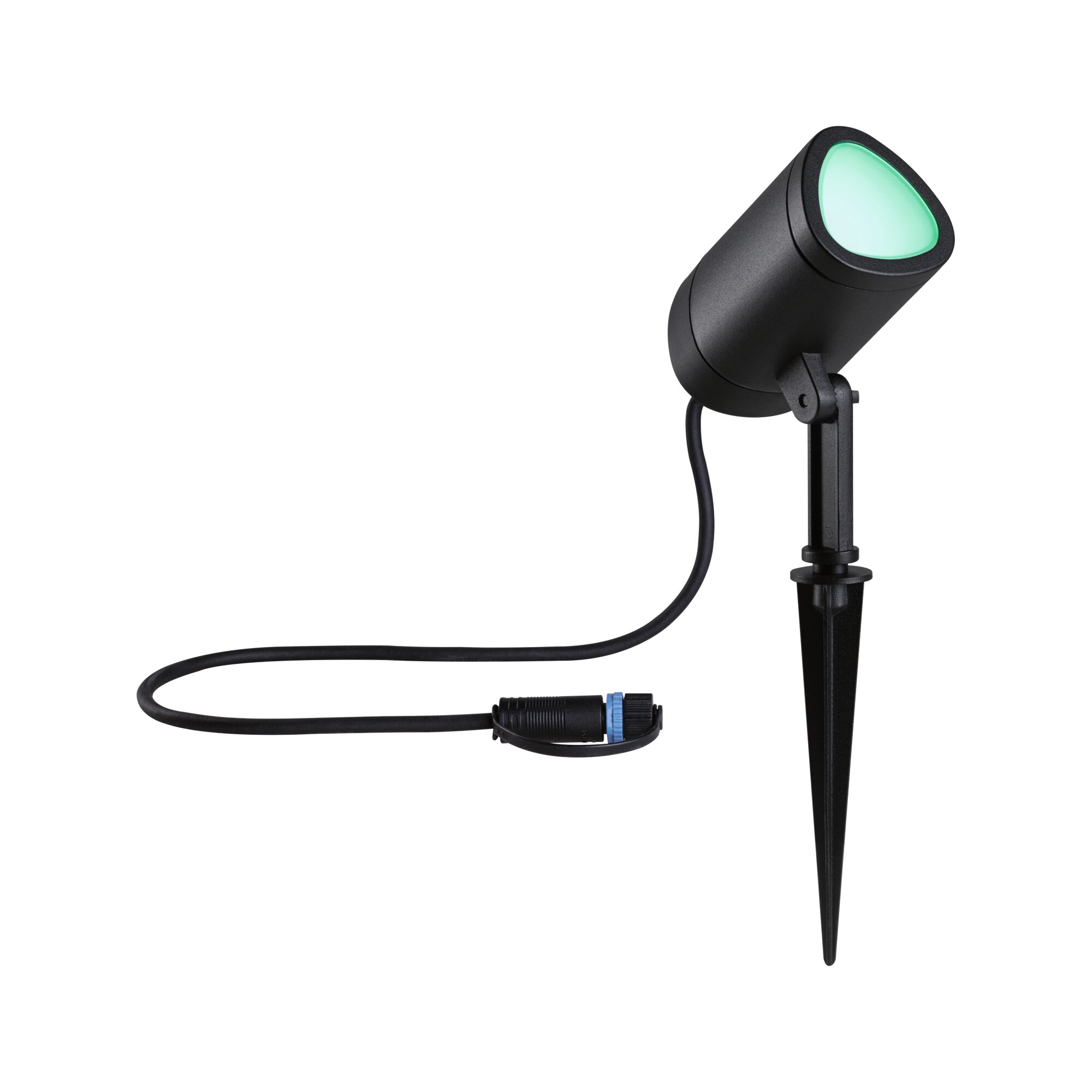 Black LED garden spotlight with ground spike and green light, weatherproof outdoor lighting