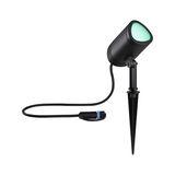 Black LED garden spotlight with ground spike and green light, weatherproof outdoor lighting