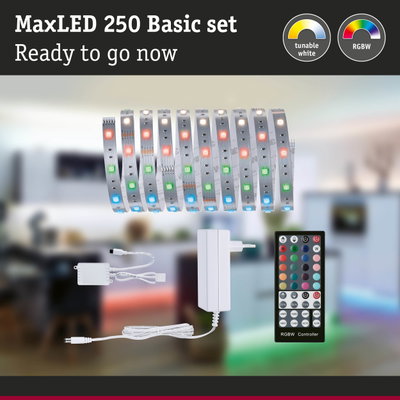 MaxLED 250 Basic set with RGBW LED strip, white power supply and remote control for lighting