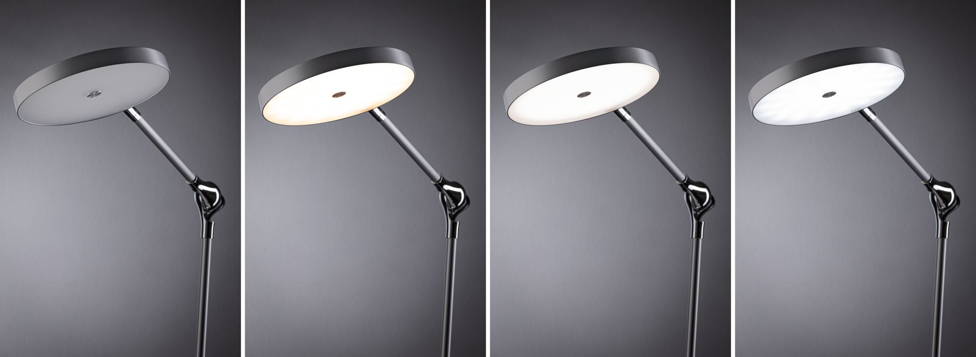 Moderne sort gulvlampe med rund plastdiffuser i forskellige lysfarver.
