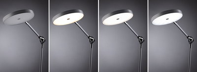 Lampadaire noir moderne avec diffuseur rond en plastique affichant différentes couleurs de lumière.