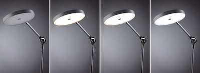 Moderne schwarze Stehleuchte mit rundem Diffusor aus Kunststoff in verschiedenen Lichtfarben.