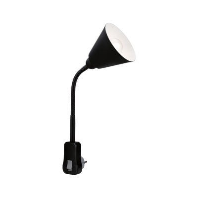 Black flexible plug-in lamp with conical shade and switch for focused lighting in rooms