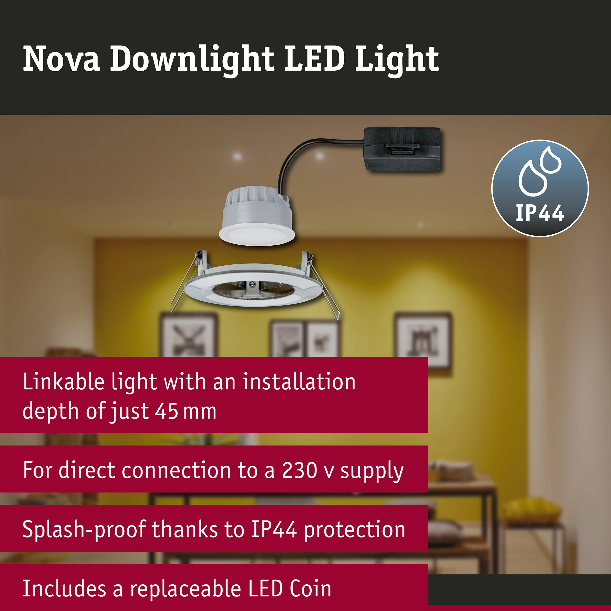 LED Downlight 3-Step-Dim Nova Coin Rigid IP44 round 78mm Coin 6W 470lm 230V dimmable 2700K Brushed iron