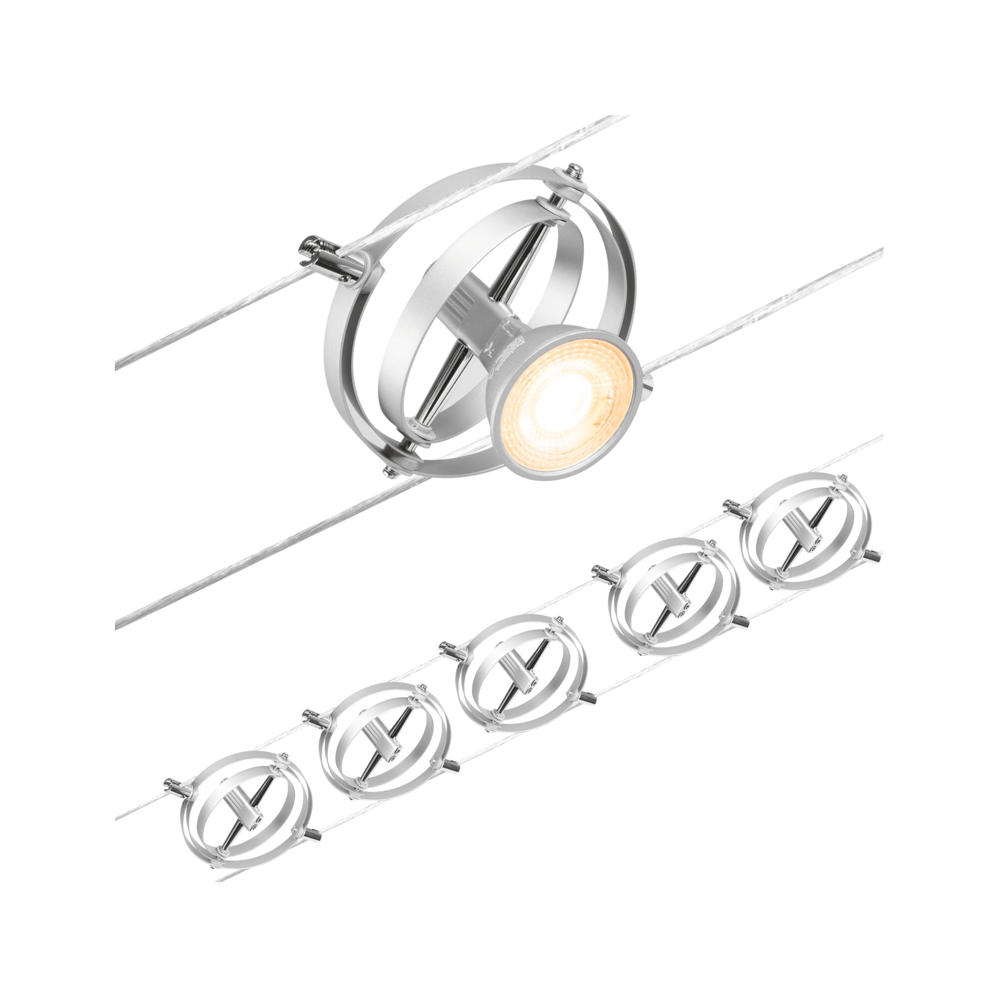 Moderne Seilstrahler mit silbernem Metallring und warmweißem LED-Licht für flexible Raumbeleuchtung