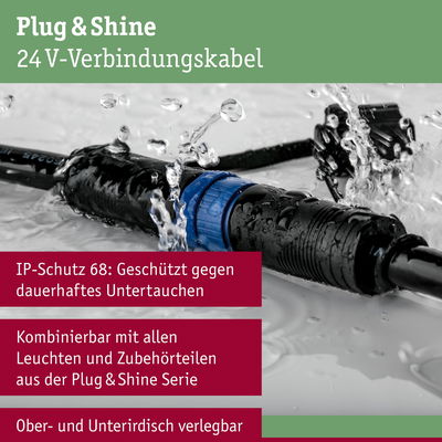 Wasserdichtes 24V-Verbindungskabel mit IP68 Schutz, schwarz mit blauem Ring, für Plug & Shine Beleuchtungssysteme