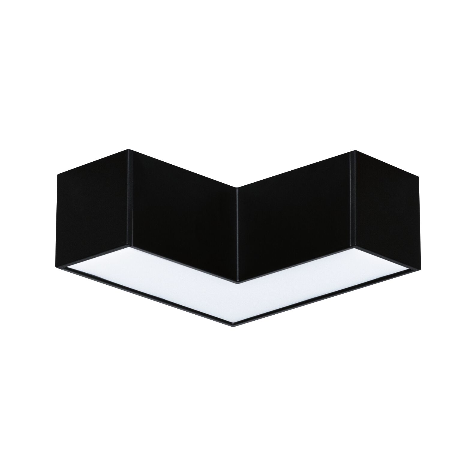 Black V-shaped LED ceiling light with white plastic diffuser for modern room lighting and interior design