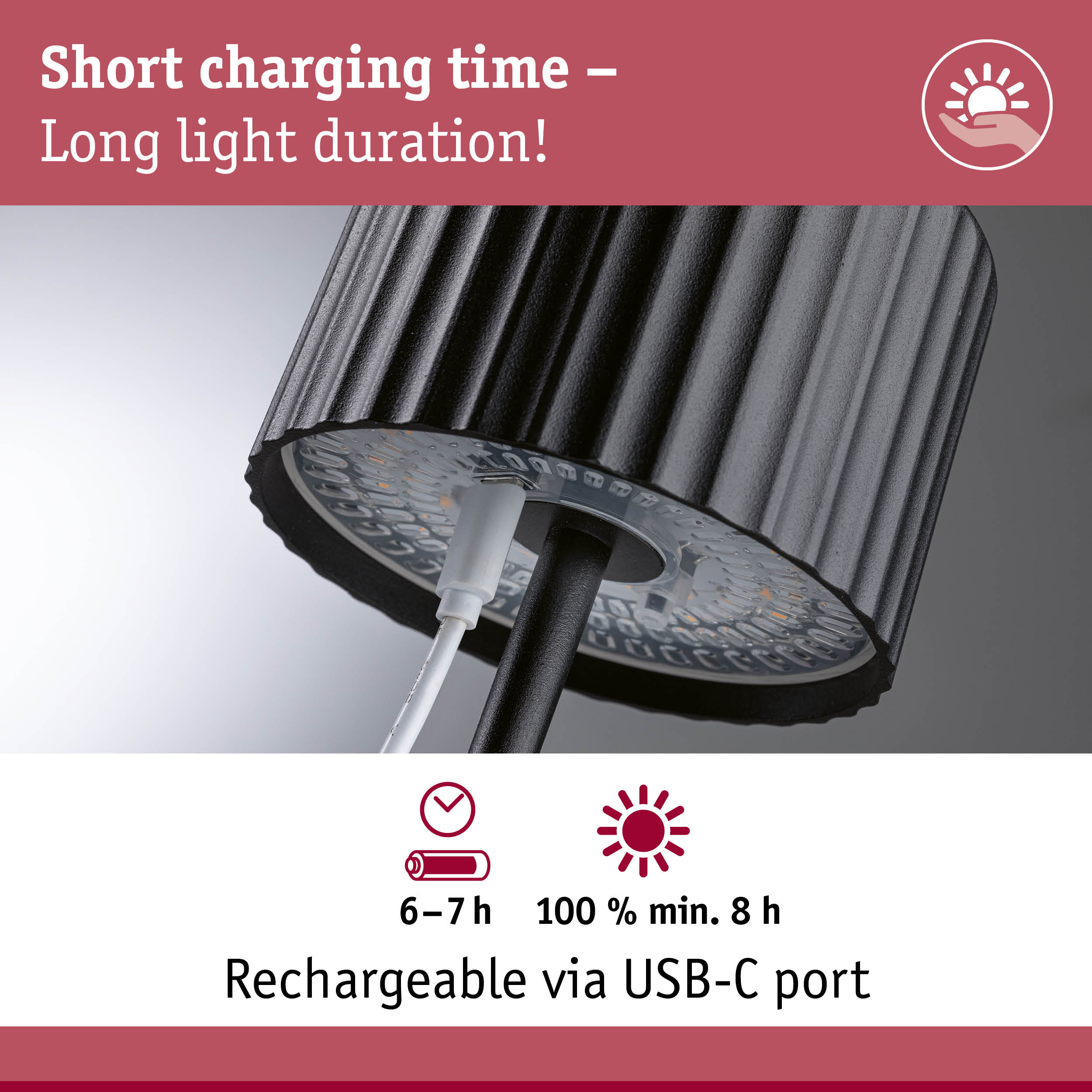 Black LED lamp with USB-C charging port, short charging time and long light duration for energy-efficient lighting